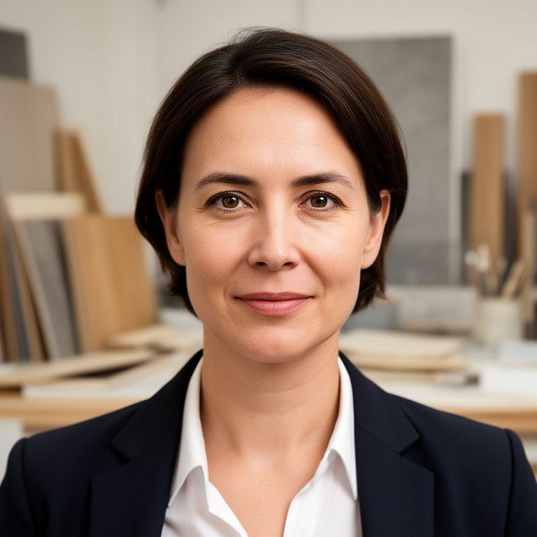 Giana Oberholzer in der Geschäftsführung von Aethera Panels mit dezenten Materialien und ruhiger Atelierkulisse